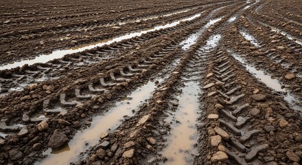 Muddy field with deep tire tracks and puddles after rain, showing the texture of wet soil and embedded stones.