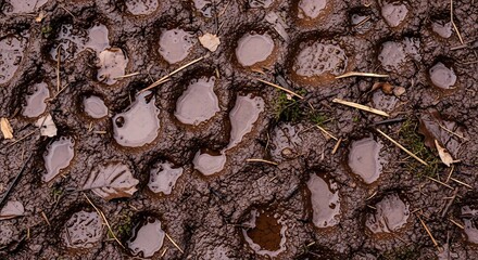 Muddy footprints filled with water and scattered with dry leaves and twigs on a damp forest floor.