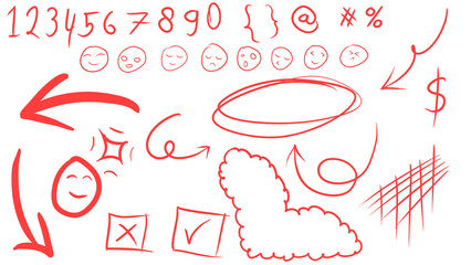 Red hand-drawn doodle graphic elements set numbers, arrows, expressions, and symbols for creative design, presentations, and engaging digital content