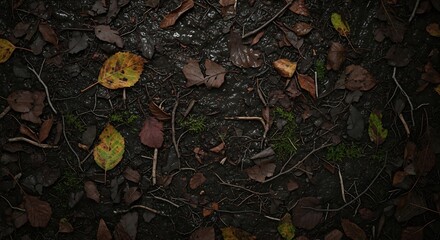 Overhead view of dark forest floor with decaying autumn leaves, moss, and twigs