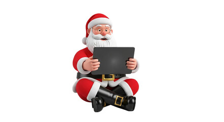 3D Santa Claus Sitting and Using a Digital Tablet Computer Isolated on White Background for Christmas Tech Concept Art