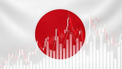 Japanese flag with red circle and stock market graphs
