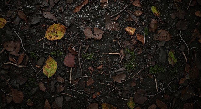 Overhead view of dark forest floor with decaying autumn leaves, moss, and twigs
