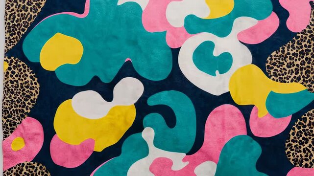 A fabric featuring a bold abstract design with organic shapes in vibrant colors and a leopard print border