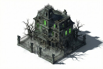 Spooky Haunted Victorian Mansion with Glowing Windows and Gargoyles