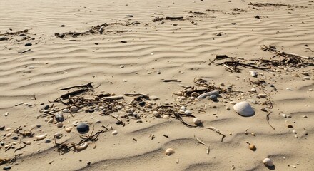 Sandy beach with wind-swept dunes, scattered shells, and dried seaplant, evoking a natural coastal landscape.