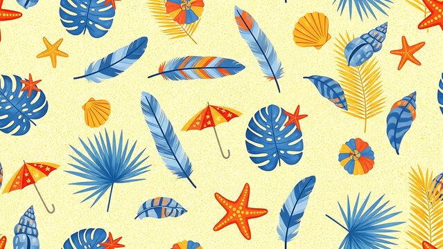 Vibrant Summer Beach Scene with Tropical Leaves and Accessories