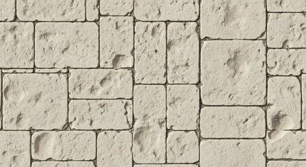 Seamless texture of rough, light beige stone bricks with dark grout lines, ancient construction material pattern