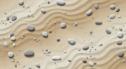 Smooth, rounded grey pebbles scattered across undulating, sandy terrain with subtle wave-like patterns.