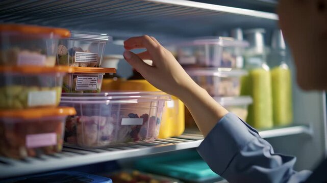Hand reaching for a labeled meal container inside an office refrigerator, showing organized meal prep healthy eating and smart workplace routine