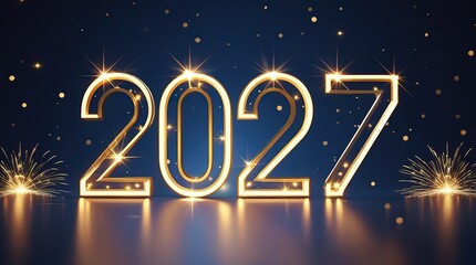 Happy New Year 2027 Golden Numbers with Sparkling Fireworks on Dark Blue Background