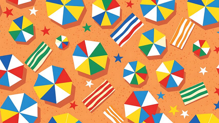 A vibrant pattern of colorful pinwheels and stars against an orange background viewed from directly above.