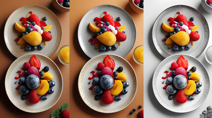 Vibrant Dessert with Assorted Fresh Fruit on Decorative Plate, Overhead Flat Lay Food Photography, Warm Appetizing Background, Rich Colors and Textures, Minimalist White Background Variant, Visually A