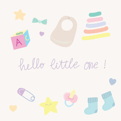 baby shower icons set, hello my little one lettering with decoration baby stuff for greeting card
