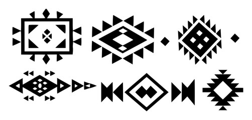 Black and white geometric tribal patterns and symbols with triangles and diamonds