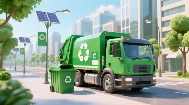 A green recycling truck parked beside a recycling bin on a city street. Solar panels are visible on nearby buildings. The scene emphasizes sustainable waste management.