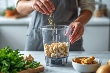 Hands preparing vegan cheese with a blender. Lifestyle photography, natural light