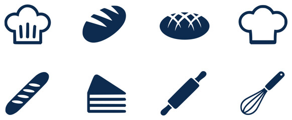 Collection of simple dark blue baking including chef hats bread cake rolling pin and whisk