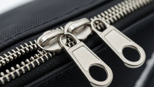Close-up of black leather bag with silver metal zippers and shiny double pull tabs