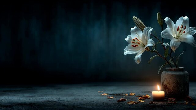 White lilies and burning candle, representing mourning and remembrance.
