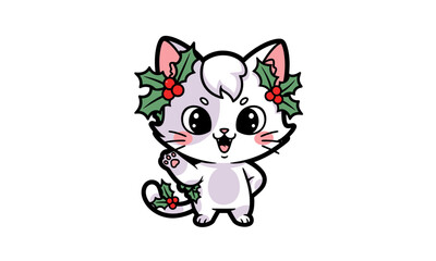 White Cat with Holly Leaves Cartoon Character vector  White background