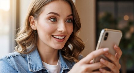 Caucasian woman looking at smartphone with happy, surprised expression. Young adult with mobile device, digital communication, social media concept.