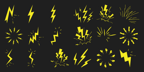 Collection of yellow lightning bolt and energy burst black background
