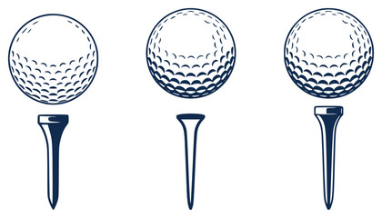 Dark blue golf balls and tees arranged in a row a white background sport game