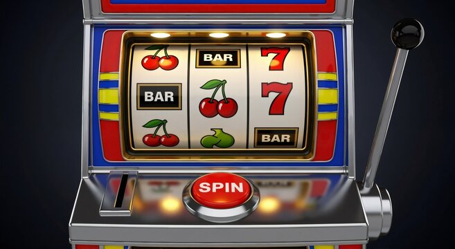 Classic slot machine with spin button displaying red cherries, bar symbols, and number seven. Retro casino game for gambling and entertainment concept.