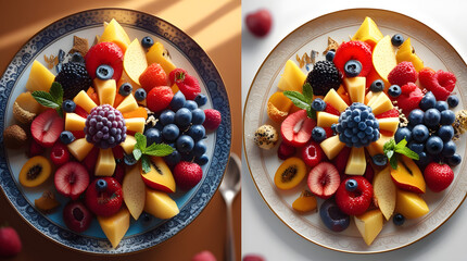 Vibrant Dessert with Assorted Fresh Fruit on Decorative Plate, Overhead Flat Lay Food Photography, Warm Appetizing Background, Rich Colors and Textures, Minimalist White Background Variant, Visually A