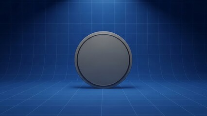 Gray circle on blue grid background with spotlight blue background grid pattern dark blue