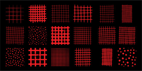 Collection of red grid and dot patterns black background