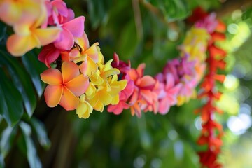 Beautiful garland made of colorful frangipani or plumeria flowers hanging in a tropical garden