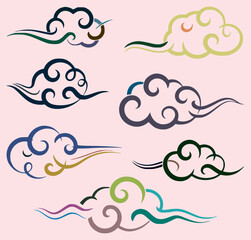 Stylized asian clouds in various colors a pink background abstract