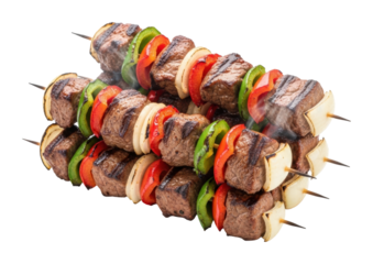 Grilling delicious beef kebabs with vegetables bbq food isolated on transparent background