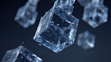 Floating translucent water cubes on a dark blue gradient backdrop