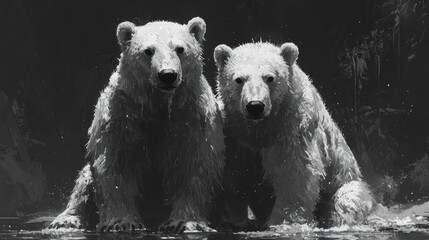 Two white bears in water, bright and snowy