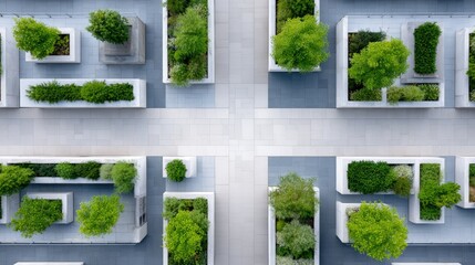 Fototapeta premium Urban agriculture concept featuring green rooftop gardens with lush plants arranged in geometric patterns, promoting sustainable living and environmental awareness in modern cityscapes
