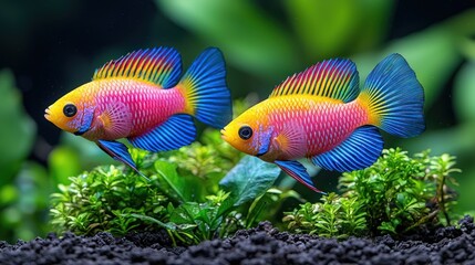 Two vibrant fish swim in lush, green aquarium