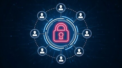 Neon red lock surrounded by connected user profiles on dark blue background with light blue circles