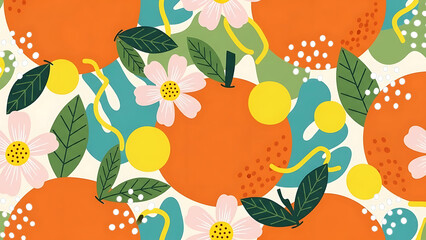 A vibrant floral pattern featuring oranges, flowers, and leaves in a seamless design