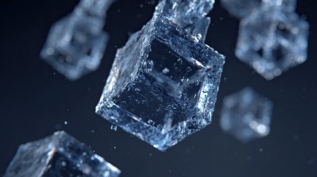 Floating translucent water cubes on a dark blue gradient backdrop - Powered by Adobe