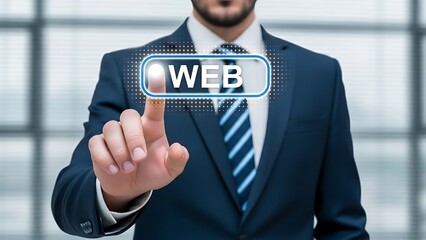 Businessman in blue suit touching web button with finger white shirt blue striped tie finger pointing