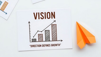 Vision board with bar graph and orange paper airplane on white background growth chart direction defines growth