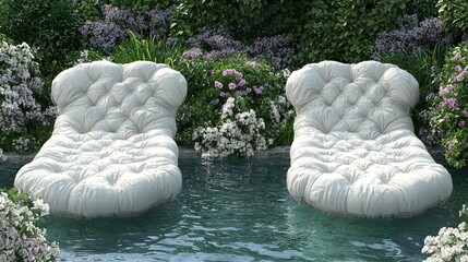 Two white cushions floating on the water in garden