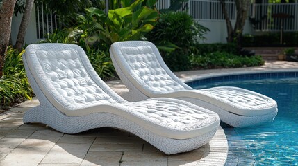 Two white lounge chairs by a refreshing pool