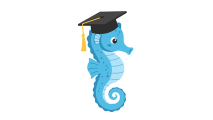 Blue Seahorse Wearing Graduation Cap Illustration.