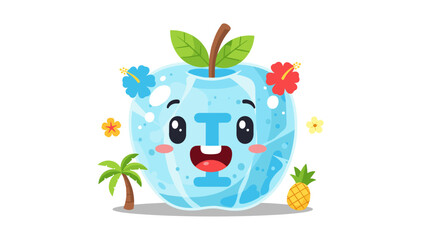 Cartoon Blue Apple Character with Flowers.