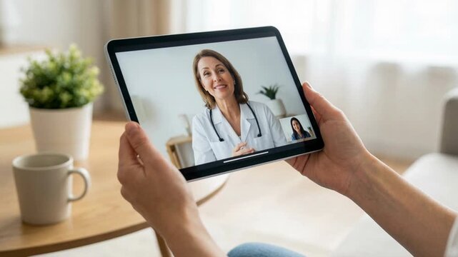 Telemedicine video consultation with doctor on tablet, patient at home holding device.