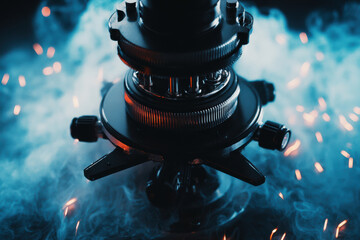 Forensic lab investigation microscope closeup metal lens smoke sparks blue lighting dramatic scientific scene